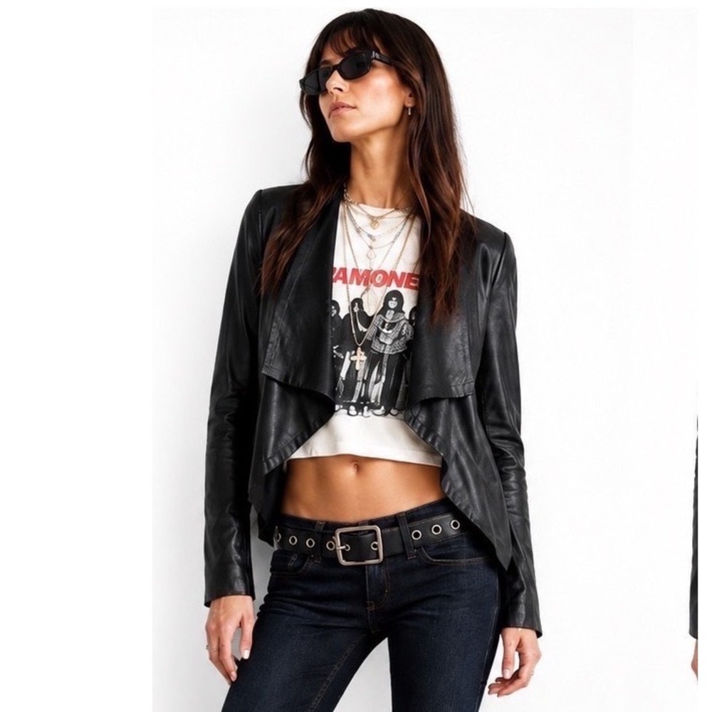 Aqua Womens Black Draped Open Front Leather Suede Jacket Med Moto Boho Goth